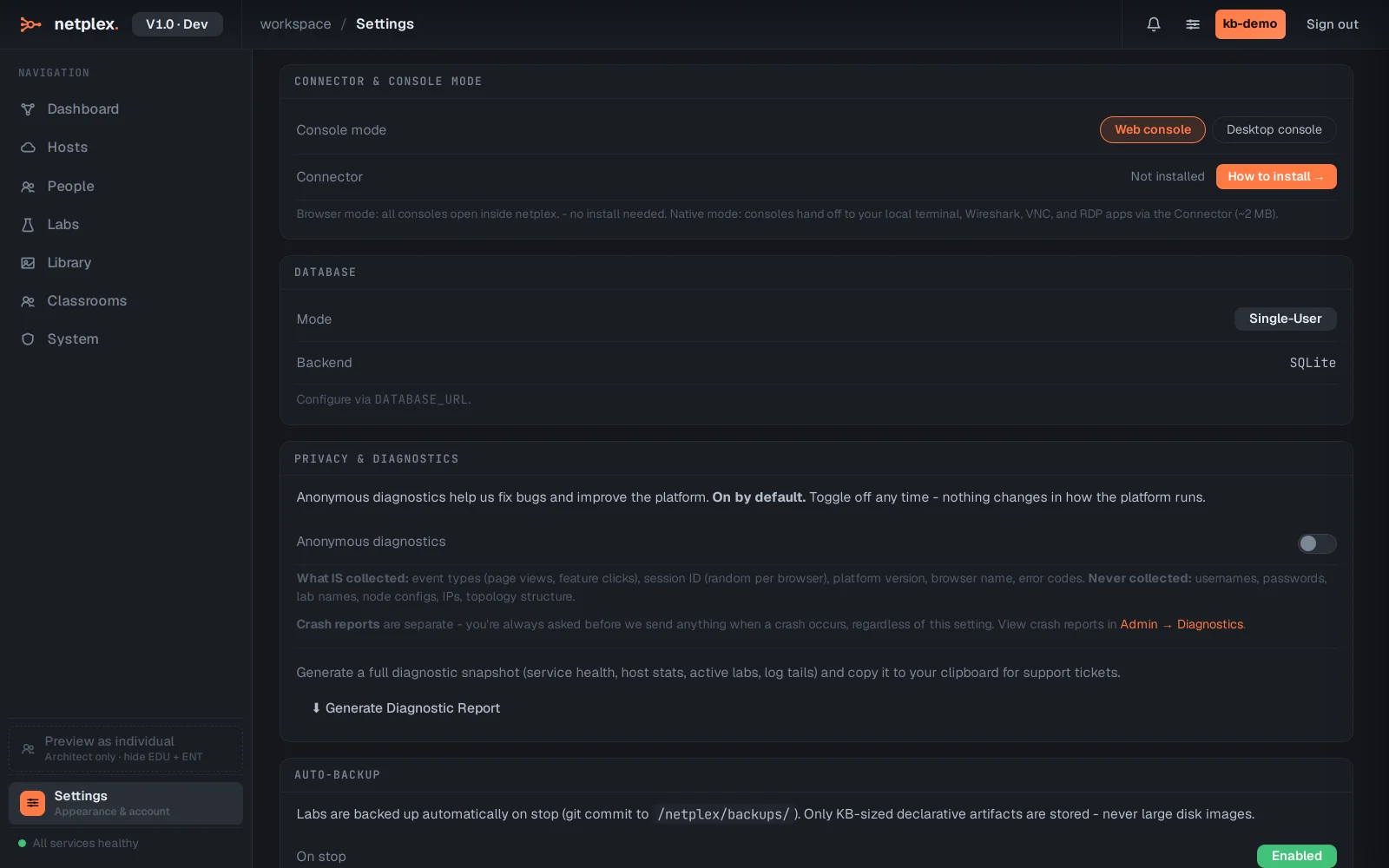 Step 3: Console mode, diagnostics and licensing info