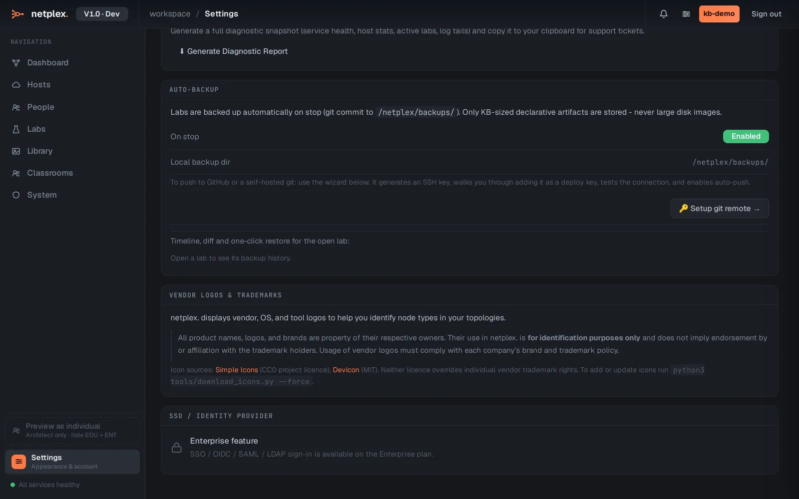Step 4: Console mode, diagnostics and licensing info