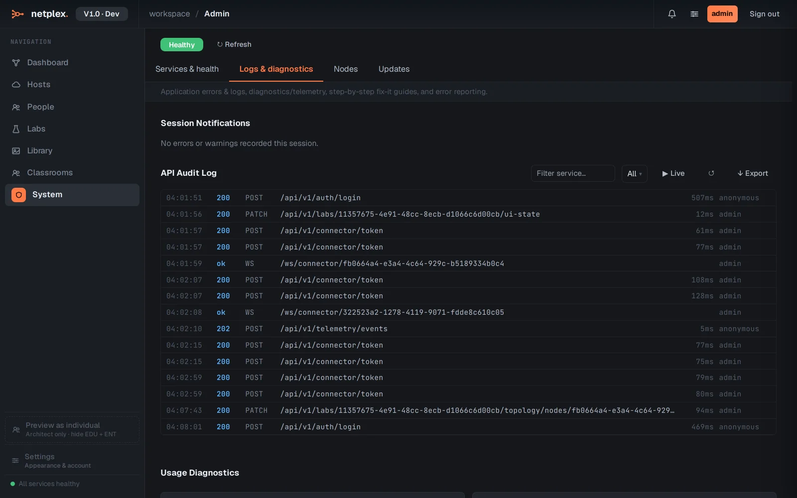 Step 2: The System page: health, logs and updates