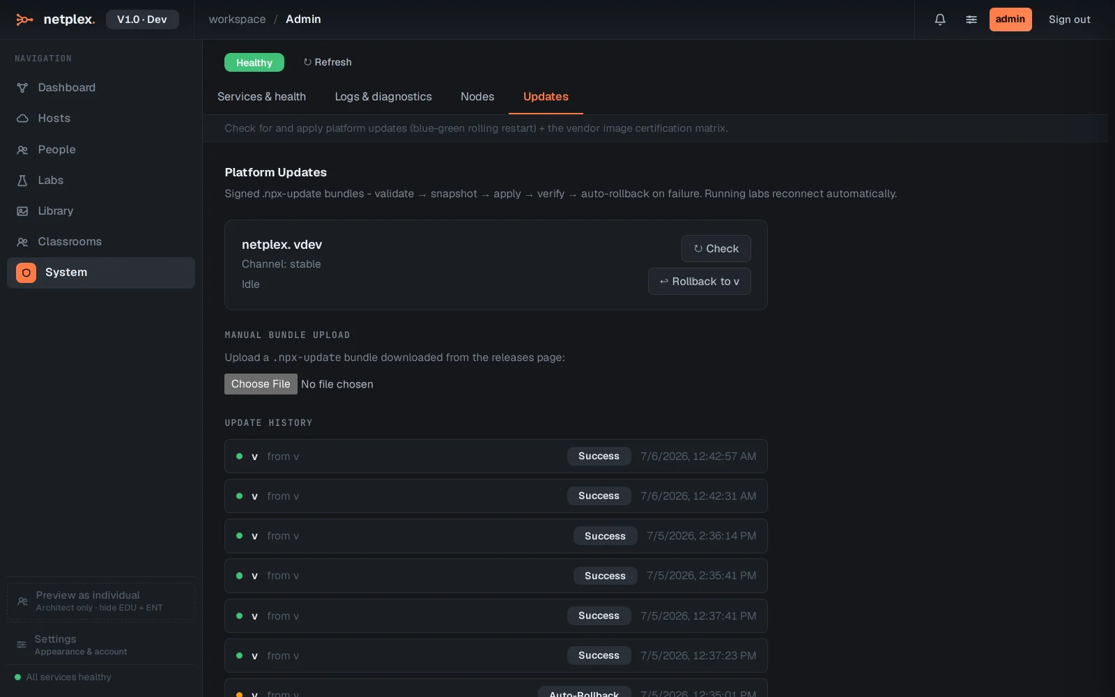 Step 3: The System page: health, logs and updates