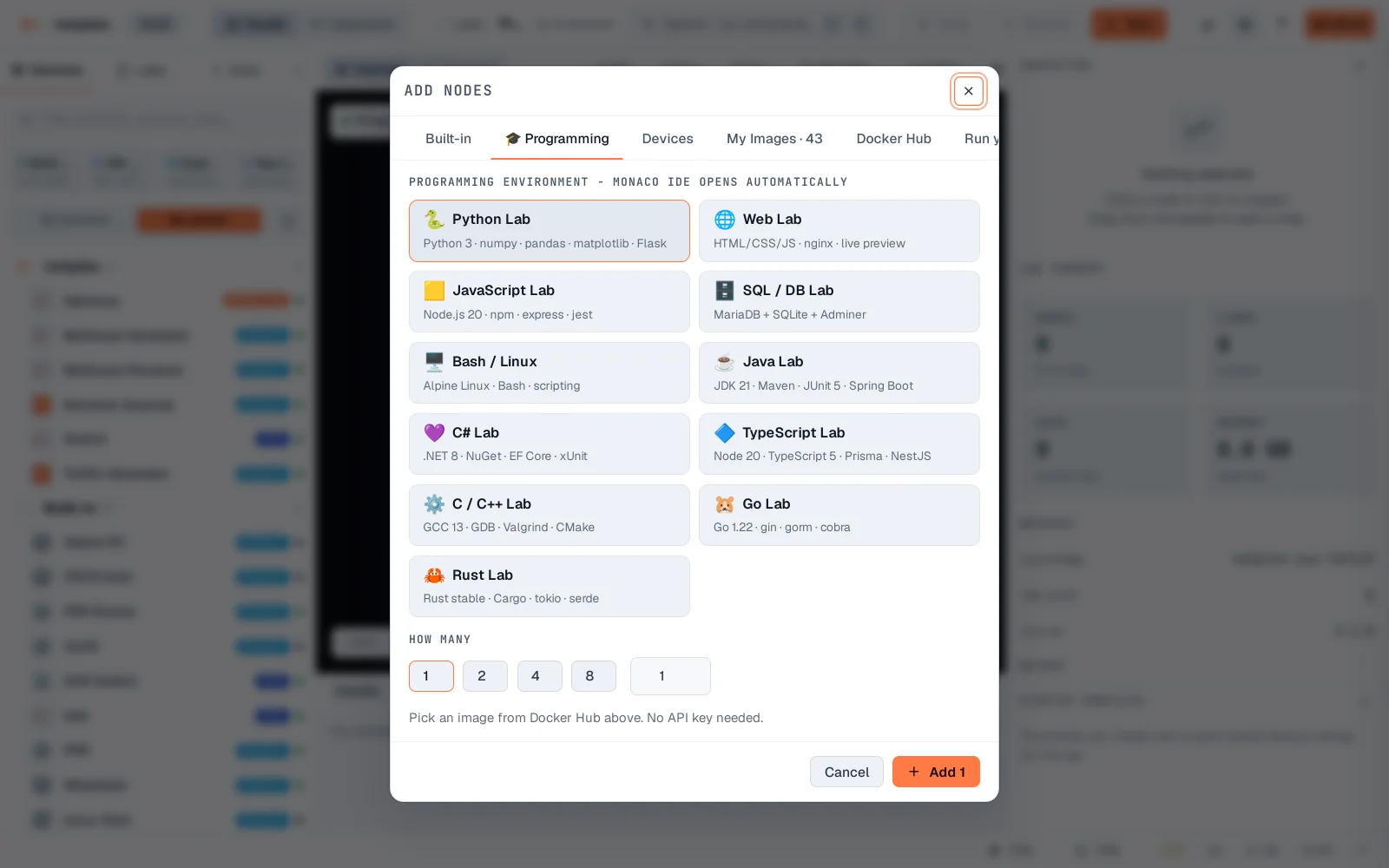 Step 1: Programming environment nodes: a language sandbox with Monaco built in
