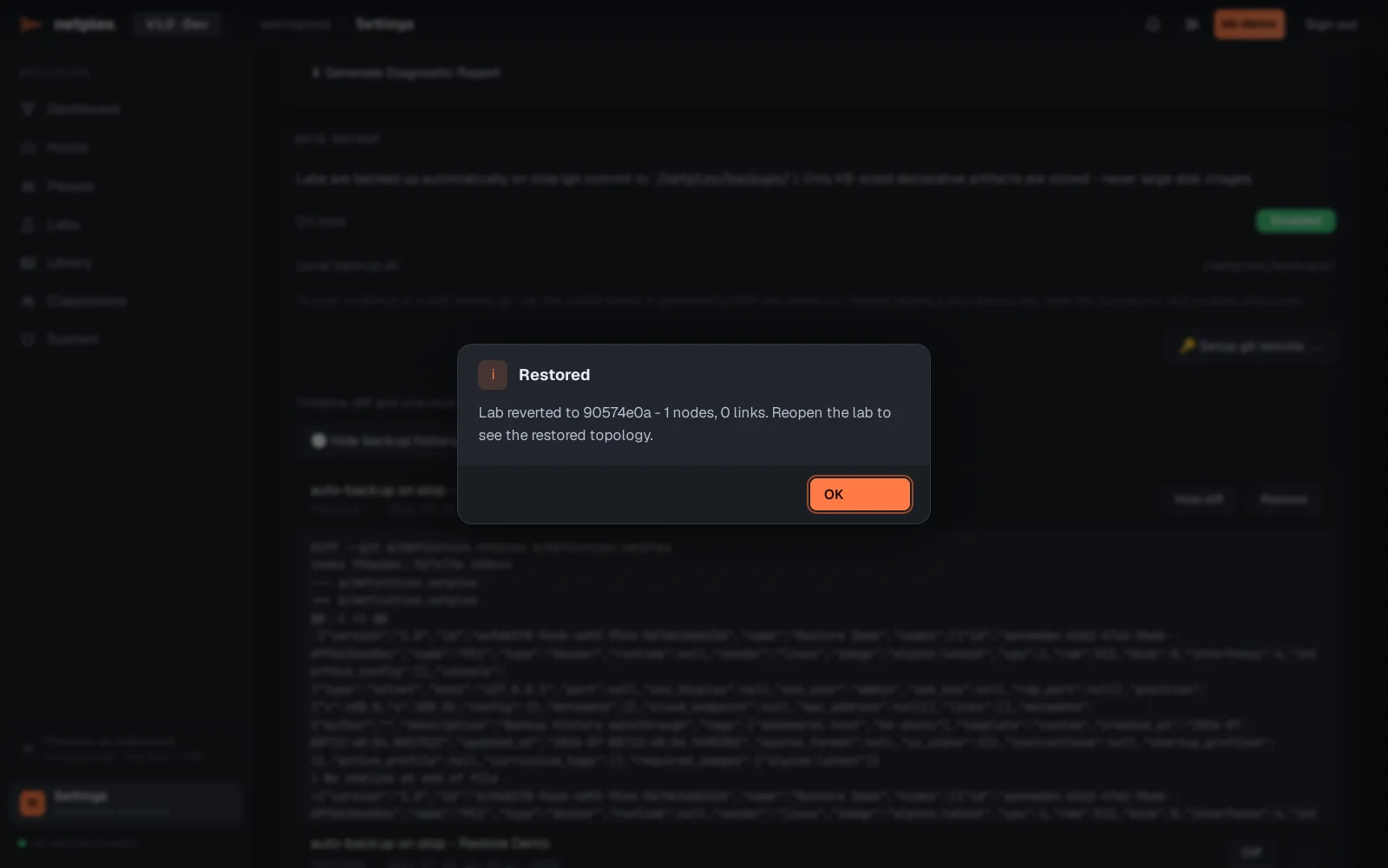 Step 3: Diff and restore a lab from its backup history