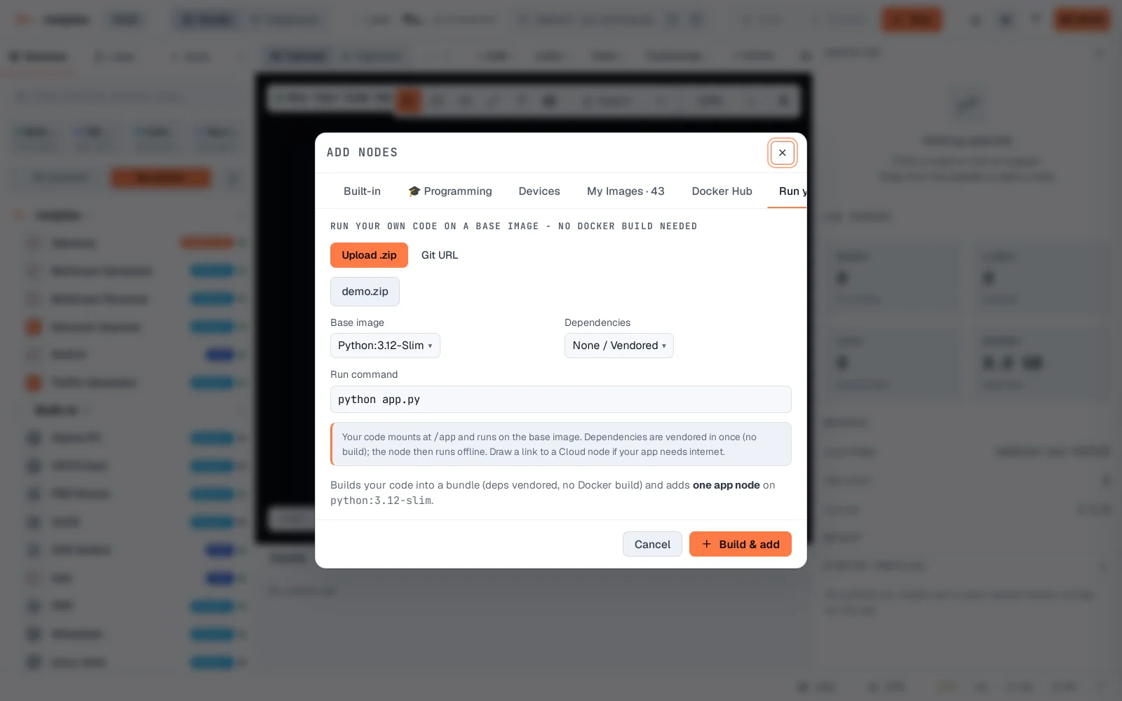 Step 1: Run your own code as a node - no Docker build