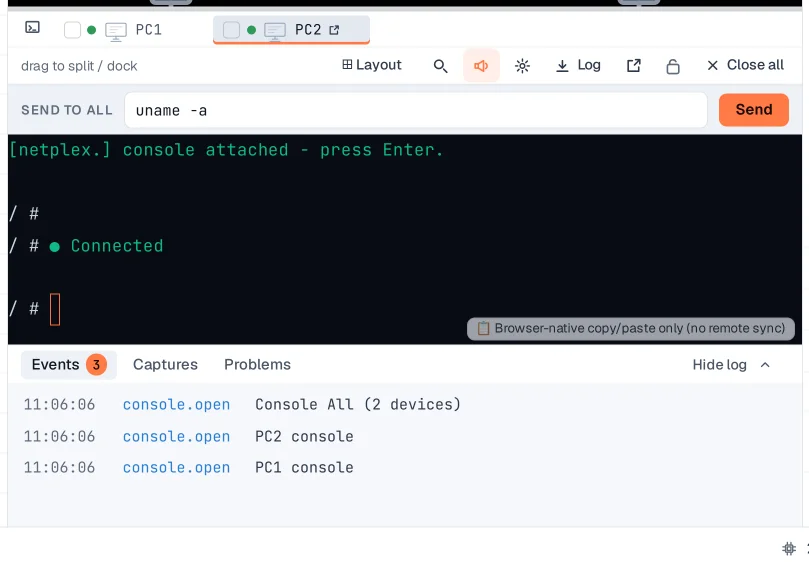 Step 3: Console splits and broadcast typing